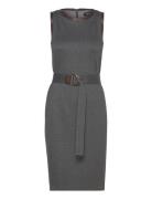 Faux-Leather-Trim Belted Jacquard Dress Lauren Ralph Lauren Grey