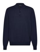 100% Merino Wool Long- Sleeved Polo Shirt Mango Navy