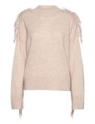 Boxy O-Neck Sweater Fringes Davida Cashmere Beige