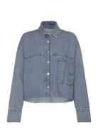 Denim Overshirt With Frayed Hem Mango Blue