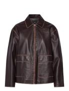 Leather-Effect Jacket With Contrast Stitching Mango Brown