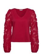 3D Floral Sleeve V-Neck Top Bubbleroom Red