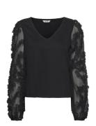 3D Floral Sleeve V-Neck Top Bubbleroom Black