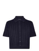 Short Sleeve Cable Knitted Polo Cardigan Lexington Clothing Navy