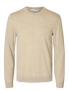 Slhtray Ls Knit Merino Crew Neck Noos Selected Beige