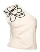 Asymmetrical Flower-Embroidered Top Mango Beige