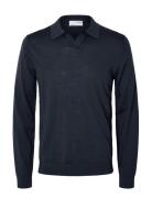 Slhtray Ls Knit Merino Open Polo Selected Navy