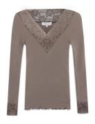Rwbernadine Organic Ls V-Neck Lace Rosemunde Brown
