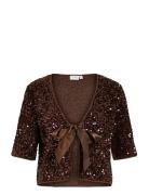 Vibelieve S/S Tie Sequins Top/Ptyka Vila Brown