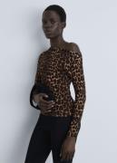 MANGO Asymmetrical Neck Leopard Tshirt Kvinde Brown Toppe Str L - hos ...