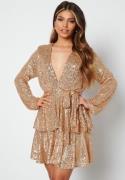 John Zack Sequin Deep V Ruffle Skater Dress Gold XL (UK16)