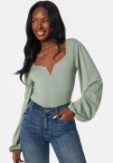 BUBBLEROOM Square V-neck Long Sleeve Puff Top Green XS