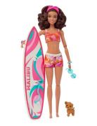 Doll With Surfboard And Puppy, Poseable Brunette Beach Doll Toys Dolls...