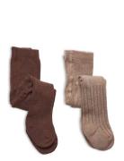 Wool Stocking - Rib 2-Pack Tights Brown Minymo