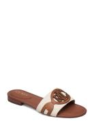 Alegra Canvas-Leather Slide Sandal Flade Sandaler Beige Lauren Ralph L...