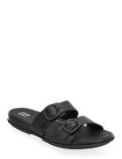 Gracie Rubber-Buckle Two-Bar Leather Slides Flade Sandaler Black FitFl...