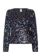 Yaskillo Sequin Ls Wrap Top - Show Tops Blouses Long-sleeved Black YAS