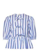Stripe Cotton Tops Blouses Short-sleeved Blue Ganni