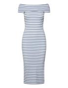 Striped Off-The-Shoulder Midi Dress Knælang Kjole Blue Lauren Ralph La...
