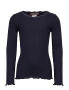 Silk T-Shirt W/ Lace Tops T-shirts Long-sleeved T-Skjorte Blue Rosemun...