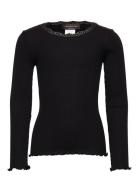 Beatha Silk T-Shirt W/ Lace Tops T-shirts Long-sleeved T-Skjorte Black...