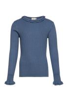 Pullover Rib Knit Tops T-shirts Long-sleeved T-Skjorte Blue Creamie