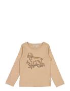 T-Shirt Dog Embroidery Tops T-shirts Long-sleeved T-Skjorte Beige Whea...
