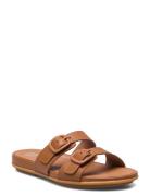 Gracie Rubber-Buckle Two-Bar Leather Slides Flade Sandaler Brown FitFl...