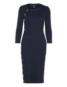 Button-Trim Rib-Knit Cotton-Blend Dress Knælang Kjole Navy Lauren Ralp...