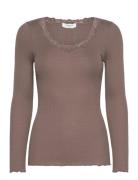 Silk T-Shirt W/ Lace Tops T-shirts & Tops Long-sleeved Brown Rosemunde