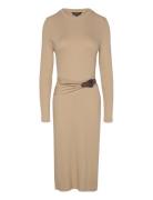 Buckle-Trim Cotton-Blend Knit Midi Dress Knælang Kjole Beige Lauren Ra...