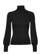 Button-Trim Mockneck Sweater Tops Knitwear Turtleneck Black Lauren Ral...