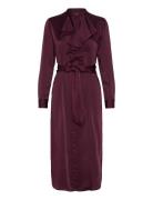 Ruffle-Trim Satin Charmeuse Shirtdress Knælang Kjole Burgundy Lauren R...