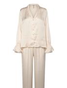 Set Satin Frill Pyjamas Nattøj Cream Lindex