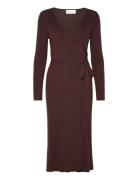 Fine Knit Rib Wrap Midi Dress Knælang Kjole Brown Davida Cashmere