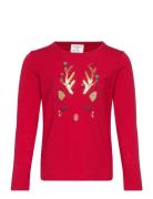 Top Ls Reindeer Face Tops T-shirts Long-sleeved T-Skjorte Red Lindex