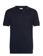 Ecovero S/S V-Neck Polo Tops Knitwear Short Sleeve Knitted Polos Navy ...