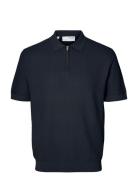 Slhcran Ss Knit Structure Half Zip Polo Tops Polos Short-sleeved Navy ...