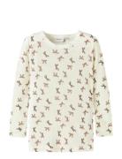 Nmfwang Wool Rib Ls Top Aop Tops T-shirts Long-sleeved T-Skjorte White...