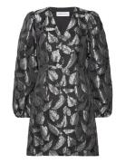 Slfpaula Silver Leaf Ls Short Dress B Kort Kjole Silver Selected