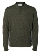 Slhtray Ls Knit Merino Polo Noos Tops Knitwear Long Sleeve Knitted Pol...