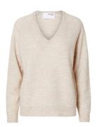 Slflulu New Ls Knit V-Neck B Noos Tops Knitwear Jumpers Beige Selected