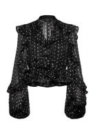 Frill Detail Spot Blouse Tops Blouses Long-sleeved Black Bardot
