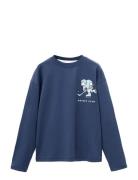 Printed Cotton-Blend T-Shirt Tops T-shirts Long-sleeved T-Skjorte Navy...
