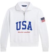 Polo Ralph Lauren Sweatshirt m. LynlÃ¥s - Cropped - Hvid m. USA